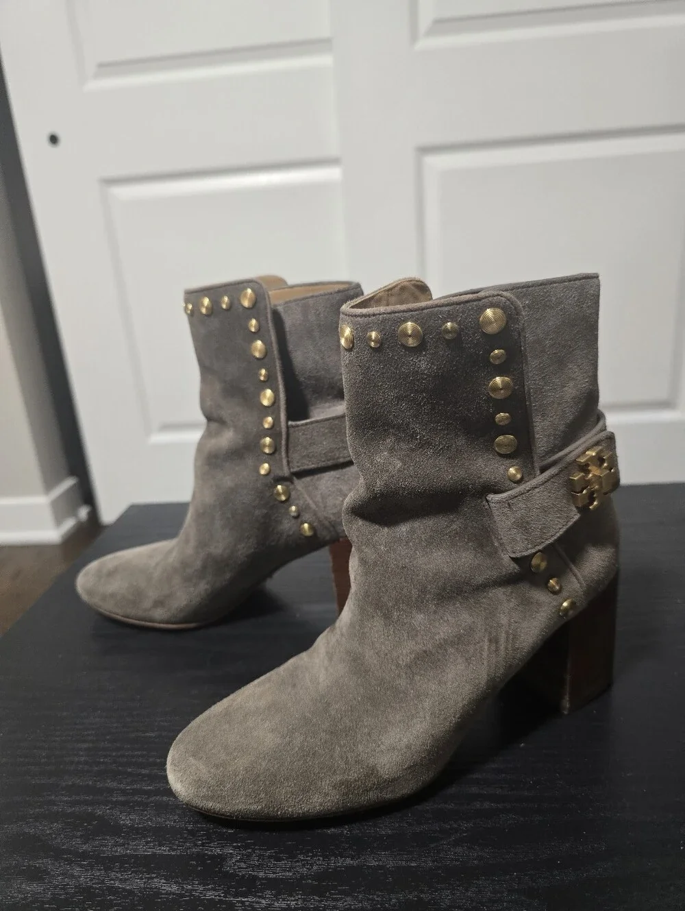 TORY BURCH Women's Suede Gray Ankle Boots with Gold Studs